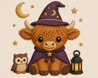 May include: An embroidered design featuring a fluffy brown Highland cow wearing a purple wizard hat and cape with gold stars and a crescent moon. A small brown owl sits to the left, and a black lantern with a glowing yellow light sits to the right.