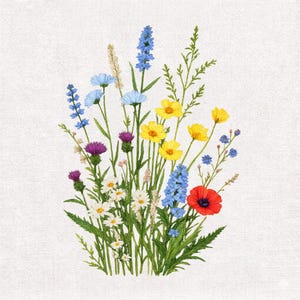 Op de afbeelding: Een levendig bloemstuk met een verscheidenheid aan wilde bloemen. Het boeket bevat gele, blauwe, rode, paarse en witte bloemen met groene stelen en bladeren. De afbeelding is tegen een witte achtergrond.