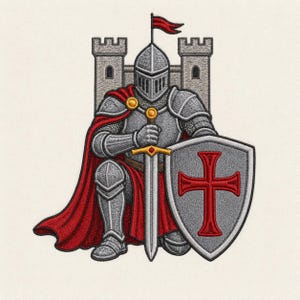 May include: An embroidered patch featuring a knight in silver plate armor kneeling before a stone castle. The knight wears a long red cape, holds a vertical sword with a gold hilt, and carries a silver shield displaying a large red cross.