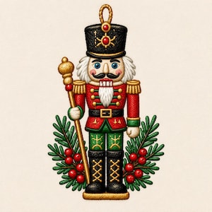 May include: A nutcracker ornament featuring a black hat with a red gem, a red jacket with gold buttons, and green trousers. The figure holds a gold staff and is framed by green pine needles and red berries, with a gold rope loop at the top.