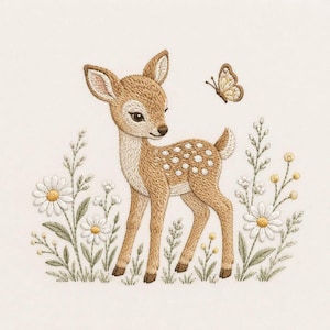 May include: An embroidery design featuring a light brown fawn with white spots standing among white daisy flowers and green foliage. A small butterfly with brown and cream wings is positioned above the fawn, completing the detailed scene.