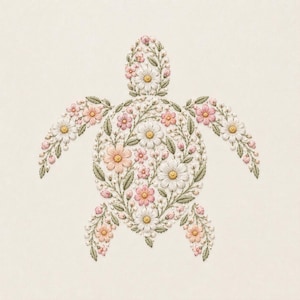 May include: An embroidery design shaped like a sea turtle, composed of various floral elements including white daisies, pink blossoms, and green leaves. The intricate needlework creates a detailed silhouette of the turtle on a plain background.