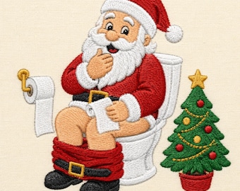 May include: An embroidered design featuring Santa Claus sitting on a white toilet, wearing a red suit with a black belt and black boots. Santa holds a roll of white toilet paper, with a toilet paper holder nearby and a decorated green Christmas tree.