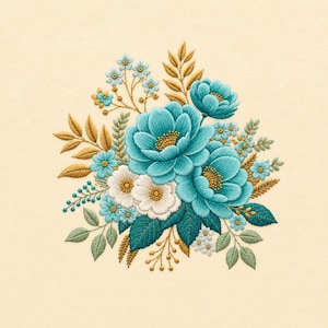 May include: An embroidery design featuring a central cluster of large teal flowers with yellow centres, surrounded by smaller light blue blossoms, white flowers, and golden-brown leaves, all stitched onto a solid cream-coloured fabric background.