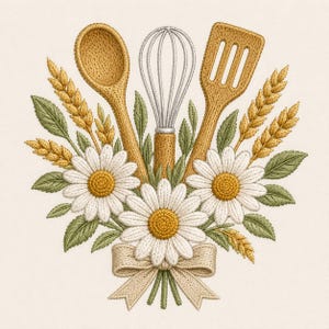 Baking Kitchen Utensils Embroidery Design, Daisy Wheat Stitch File (Digital Download)