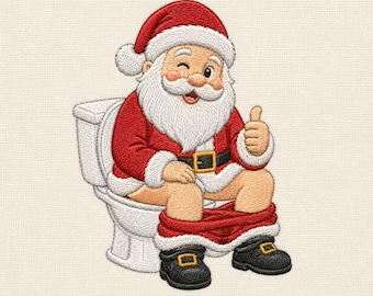 May include: An embroidered design of Santa Claus sitting on a white toilet. Santa wears a red suit with white trim, a black belt with a gold buckle, and black boots. He is winking and giving a thumbs up gesture with his right hand.