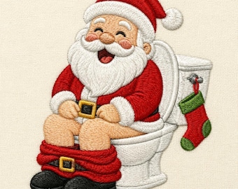 May include: An embroidered design of Santa Claus sitting on a white toilet. Santa wears a red suit with a white trim, a matching hat, and black boots. His red trousers are pulled down around his ankles. A small red and green stocking hangs on the side.