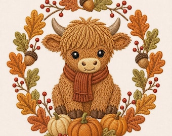Puede incluir: Una ilustración bordada de una vaca Highland marrón y esponjosa con una bufanda acanalada, centrada en una corona circular de hojas de roble naranjas y verdes, bayas rojas y bellotas marrones, con tres calabazas en la base de la vaca.
