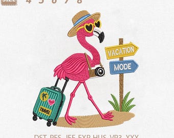 Vacation Flamingo Embroidery Design, Summer Travel Machine File (PES DST)