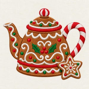 May include: An embroidered gingerbread teapot design featuring brown icing, white scalloped piping, and red and green candy accents. The handle is a red and white candy cane, and a star-shaped cookie with a white snowflake sits at the base.