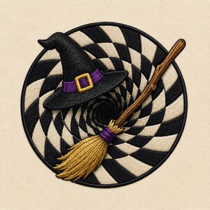 May include: A circular embroidered patch featuring a black witch hat with a purple band and gold buckle, alongside a wooden broomstick with golden bristles and a purple binding, set against a black and white spiraling checkered background.