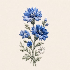 May include: An embroidery design featuring two large, vibrant blue cornflowers with detailed petals, accompanied by smaller buds and a single white flower. The stems and leaves are stitched in shades of sage green on a plain off-white fabric background.