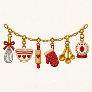Könnte beinhalten: Ein gesticktes Design mit einer goldenen Kette und hängenden Küchenutensilien, darunter ein Schneebesen mit roter Schleife, eine Schüssel mit roten Herzen, ein Nudelholz, ein roter gesteppter Ofenhandschuh, goldene Messlöffel und ein Kurzzeitmesser.