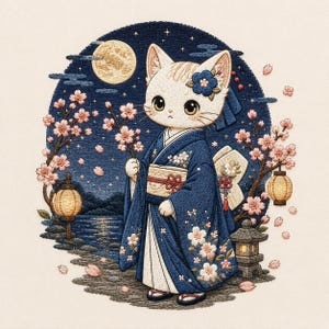 Peut inclure: Une broderie représentant un chat blanc vêtu d'un kimono bleu foncé à motifs floraux. Le chat se tient près d'une lanterne en pierre et de cerisiers en fleurs sous un ciel nocturne avec une pleine lune, des étoiles et des lanternes.
