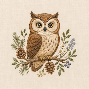May include: An embroidery design on light beige fabric featuring a brown owl perched on a branch. The owl is surrounded by pine needles, two brown pinecones, green leaves, small white daisy-like flowers, blue berries, and tiny yellow buds.