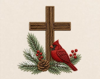 May include: An embroidery design featuring a brown wooden cross centered behind a bright red cardinal bird perched on green pine branches with white snow tips, a brown pinecone, and clusters of small red berries on a light cream background.