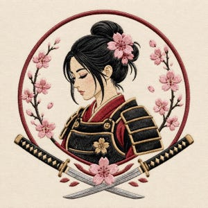 May include: An embroidery design featuring a person with dark hair styled in a bun adorned with a pink cherry blossom. The person wears black and red samurai armor. Two crossed katana swords are positioned below, framed by a circular border.