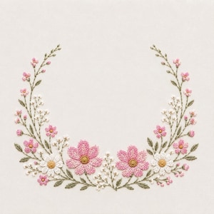 May include: An embroidery design featuring a semi-circular wreath of pink and white flowers with green stems and leaves. The arrangement includes larger pink blossoms, smaller white daisy-like flowers, and delicate buds on thin, curved branches.