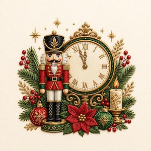 May include: An embroidered design featuring a nutcracker in a red and black uniform standing next to a round clock with Roman numerals. The scene is surrounded by green pine branches, red berries, a lit candle, and red and green ornaments.