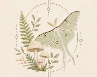 Op de afbeelding: Een borduurontwerp met een lichtgroene maannachtvlinder, drie beige paddenstoelen en groene varenbladeren. De compositie wordt omlijst door een dunne gouden cirkellijn met geometrische accenten en kleine sterretjes in fijn borduurwerk.