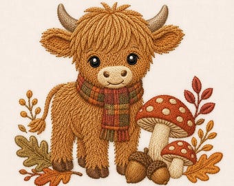 Puede incluir: Un diseño bordado de un ternero Highland marrón y esponjoso con una bufanda de cuadros, de pie junto a dos setas rojas con puntos blancos, dos bellotas marrones y varias hojas de roble de colores otoñales sobre un fondo blanco roto.