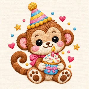 Puede incluir: Un bordado de un mono marrón con un gorro de fiesta a rayas y pompones amarillos. El mono sostiene un cupcake con una vela encendida y un envoltorio azul. El diseño incluye corazones rosas, estrellas amarillas y pequeños puntos de colores.