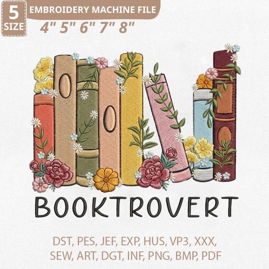 Booktrovert Embroidery Design Digital File, Floral Bookshelf Machine ...