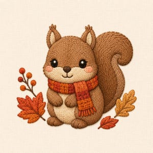 May include: An embroidered patch featuring a brown squirrel with a bushy tail, wearing a striped orange and red scarf. The squirrel is surrounded by orange and yellow autumn leaves and a small branch with round berries on a cream fabric background.
