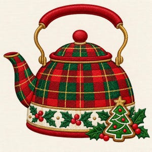 May include: A tea kettle featuring a red and green plaid pattern with a red handle and lid knob. The base has a white band decorated with green holly leaves, red berries, and a small gingerbread-style Christmas tree cookie.