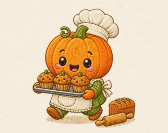 May include: An embroidered illustration of a smiling orange pumpkin character wearing a white chef hat and apron. The pumpkin holds a gray tray with three brown muffins. Beside the character sits a loaf of bread and a wooden rolling pin.