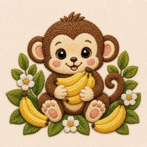 May include: A textured embroidery design featuring a brown monkey with a cream-coloured face, holding a bunch of yellow bananas. The monkey is surrounded by green leaves, white flowers, and two additional yellow bananas on a light fabric background.