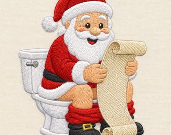 May include: An embroidered design of Santa Claus sitting on a white toilet while holding a long, unrolled scroll. Santa wears a red suit with white trim, a black belt, and black boots, with his red trousers pulled down around his ankles.