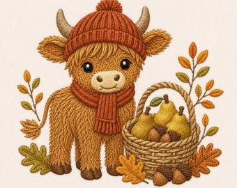 May include: An embroidered design of a fluffy brown Highland cow wearing a ribbed orange knit hat and scarf, standing next to a woven basket filled with three yellow pears and two brown acorns, surrounded by autumn leaves on a cream background.