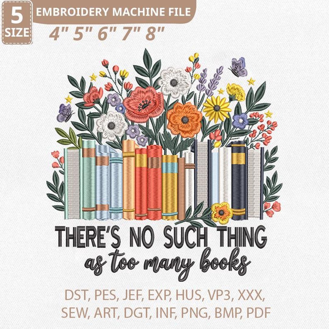 Floral Bookshelf Embroidery Design, Book Lover Machine Pattern (digital ...