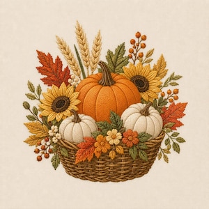 Fall Harvest Basket Embroidery Design, Autumn Pumpkins, Sunflowers, Leaves (Digital Download)