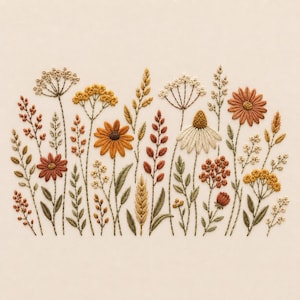 Könnte beinhalten: Ein Stickmuster mit einer Vielzahl von Wildblumen und Gräsern in Rost-, Senfgelb-, Creme- und Salbeigrüntönen. Das Design umfasst Gänseblümchen, Weizenähren und zarte Blumenbüschel, die auf einen hellbeigen Stoff gestickt sind.