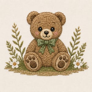 May include: An embroidery design featuring a brown teddy bear with a green bow tie, sitting on a patch of green grass with small white flowers and leafy sprigs on either side. The bear has dark eyes, a black nose, and pink blush on its cheeks.