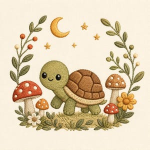 Può includere: Un ricamo raffigurante una tartaruga verde con guscio marrone circondata da funghi rossi a pois bianchi, un fiore giallo e rami con foglie verdi. Una mezzaluna gialla e piccole stelle sono posizionate sopra la tartaruga.