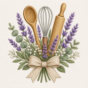Könnte beinhalten: Ein Stickmotiv mit einem Holzlöffel, einem Metallschneebesen und einem Nudelholz aus Holz, arrangiert mit Zweigen aus violettem Lavendel, grünen Eukalyptusblättern und kleinen weißen Blüten, zusammengebunden mit einer beigen Stoffschleife.