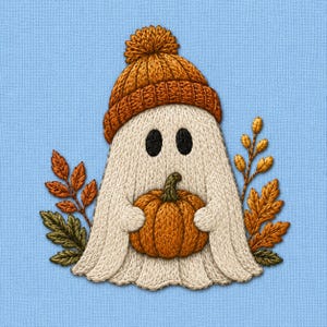 May include: An embroidered patch featuring a white ghost wearing a textured orange knit beanie with a pom-pom. The ghost holds a small orange pumpkin and is surrounded by embroidered autumn leaves in shades of yellow, orange, and green.