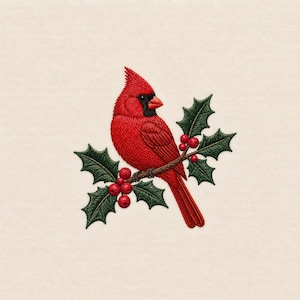 May include: An embroidered patch featuring a bright red cardinal bird perched on a brown branch. The bird has a black face mask and a pointed crest. It is surrounded by dark green holly leaves and small clusters of round red holly berries.