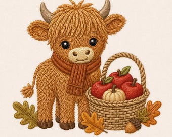 May include: An embroidered design of a fluffy brown Highland cow wearing a ribbed scarf, standing next to a woven basket filled with two red apples and a small white pumpkin, accented with scattered autumn oak leaves and a single brown acorn.