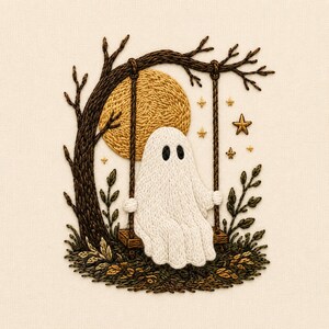 May include: An embroidery piece on cream fabric featuring a white ghost sitting on a wooden swing suspended from a dark brown tree. A large golden yellow moon and several small gold stars are stitched in the background, with dark green foliage.