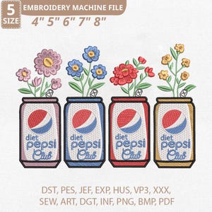 Puede incluir: Diseño de bordado con cuatro latas de Diet Pepsi, cada una con un esquema de color diferente y rematadas con flores coloridas. Las latas son de color rosa, azul, rojo y dorado. El diseño está disponible en tamaños de 10,16 cm a 20,32 cm.