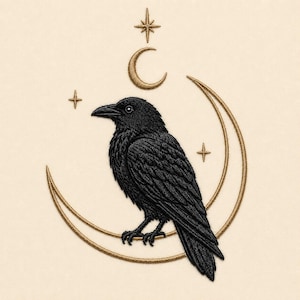 May include: An embroidered patch featuring a black raven perched on a gold crescent moon. The design includes three gold four-pointed stars positioned above and around the moon, all set against a solid, light cream-colored fabric background.