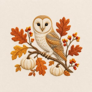 May include: An intricate embroidery design featuring a barn owl perched on a branch. The owl is surrounded by orange and yellow oak leaves, small clusters of red berries, and two cream-coloured pumpkins, all rendered in detailed thread work.