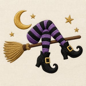 May include: An embroidery design featuring a pair of legs wearing purple and black striped stockings, black buckled shoes, and resting on a brown broomstick. The scene includes a gold crescent moon and three gold stars on a cream fabric background.