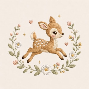 Puede incluir: Un diseño de bordado que muestra un cervatillo marrón claro con manchas blancas saltando en el centro. El cervatillo está rodeado por una corona circular de margaritas blancas, pequeñas flores rosas, hojas verdes, corazones rosas y estrellas amarillas.
