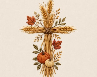 May include: An embroidery design featuring a cross shape constructed from golden wheat stalks, accented with orange and red maple leaves, small white berries, and two pumpkins in shades of orange and cream, all stitched on a light fabric.