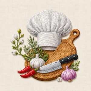 May include: An embroidered design featuring a white chef hat, a wooden cutting board, a silver knife with a black handle, two red chili peppers, a white garlic bulb, a purple onion, green herbs, and a sprig of small white flower buds.